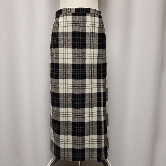 Vintage 90s y2k Evan Picone Wool Blend Black White Tartan Plaid Wrap Skirt Kilt - Picture 7 of 8